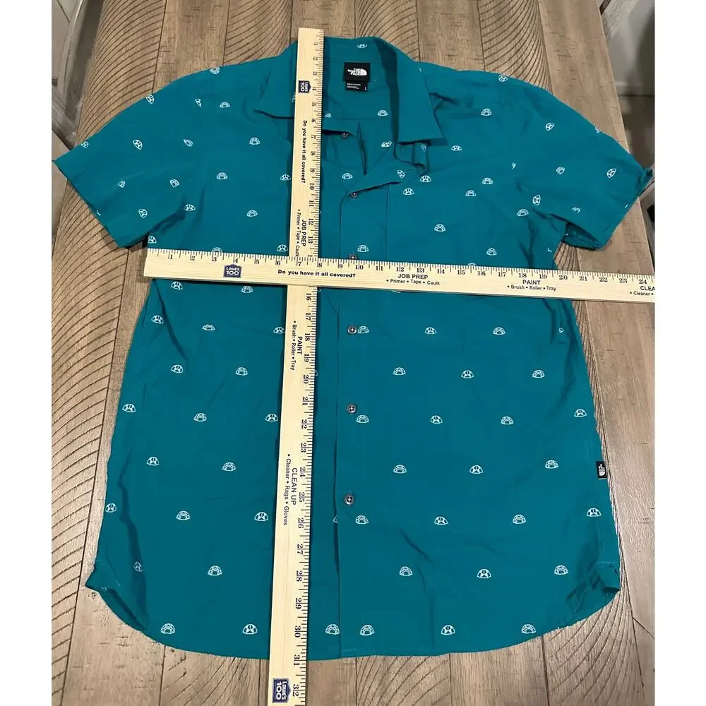 The North Face Men's Teal Green Half Dome Tent Print SS Button Down Shirt Large